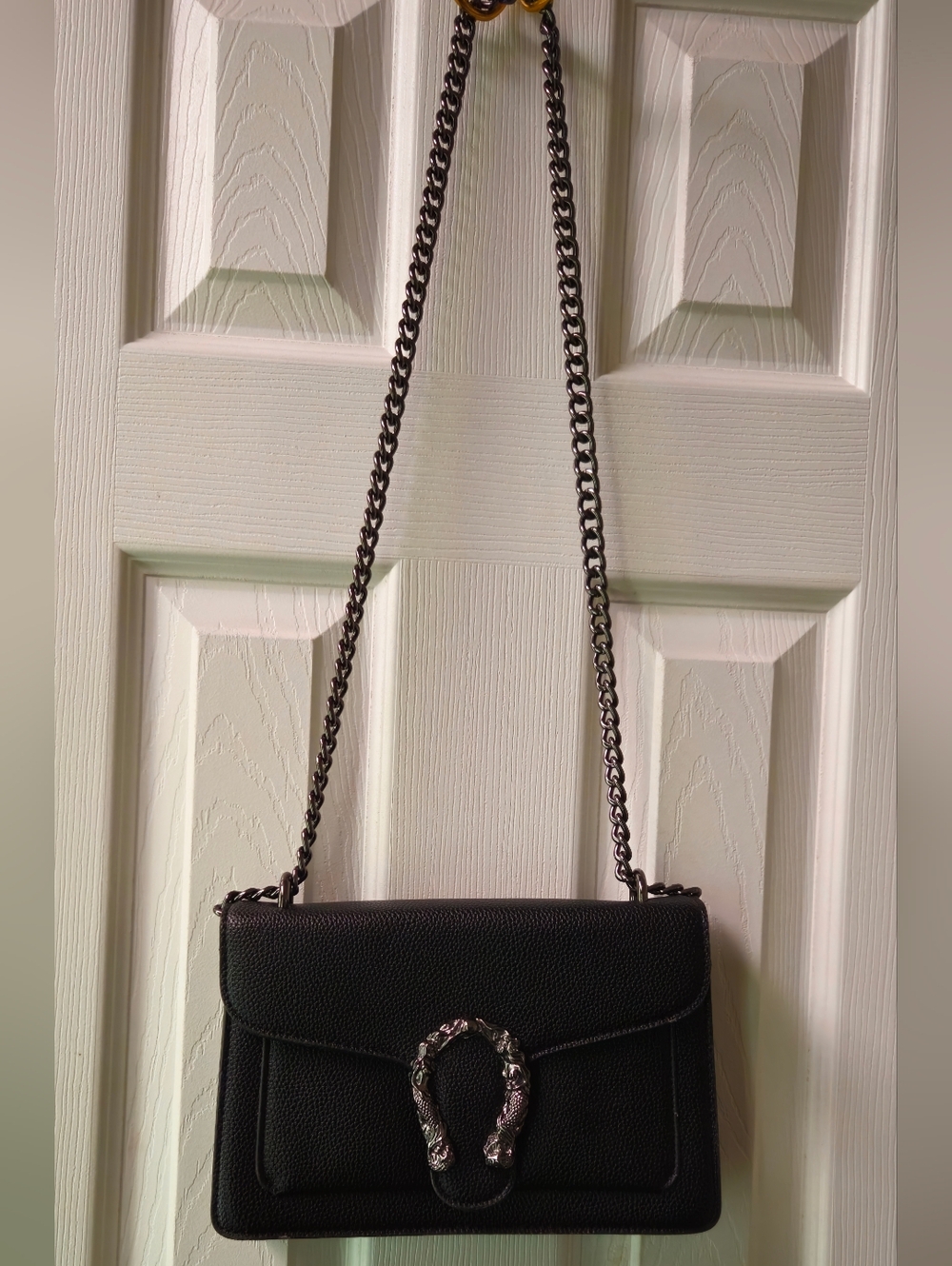 Black Pebble Leather Chain Shoulder Bag with Silver-Tone Hardware - Picture 4 of 12